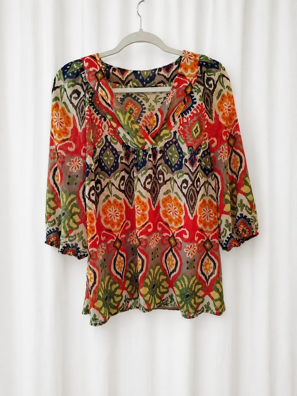 Tribal Sheer Boho Peasant Top Size 8 Colorful Ikat Print 3/4 Sleeve V-neck Flowy